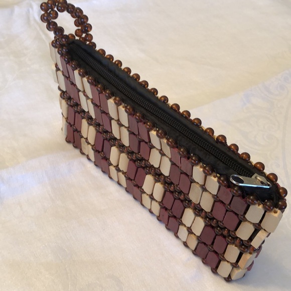 VINTAGE WOODEN HANDMADE BEADED CLUTCH PURSE BAG UNIQUE STURDY LINED ZIPPER- #487 - Picture 4 of 12